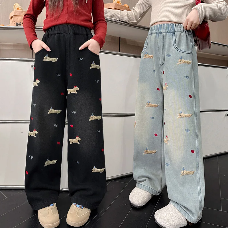 Spring teen Girls Cartoon Jeans junior Child Casual trousers Street Towel Embroidered Sausage Dog Straight wide leg denim pants