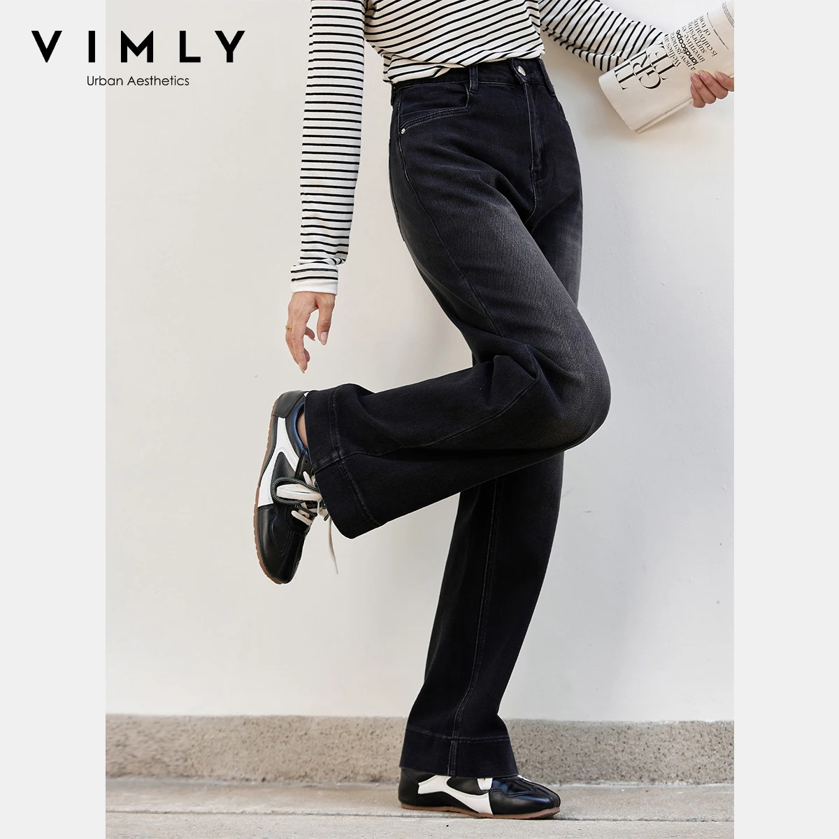 VIMLY Women's Black Pants Loose Vintage Clothing Baggy Jeans Autumn 2025 New Elegant Bleached Wash Button Trousers Ladies 75179