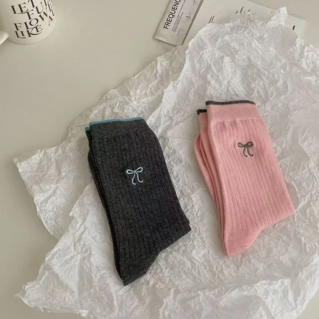 Boneless Embroidered Bow Summer JK Girls Style Socks, Contrasting Colors Pit Strips Ballet Style Thin For Children Spring/Summer