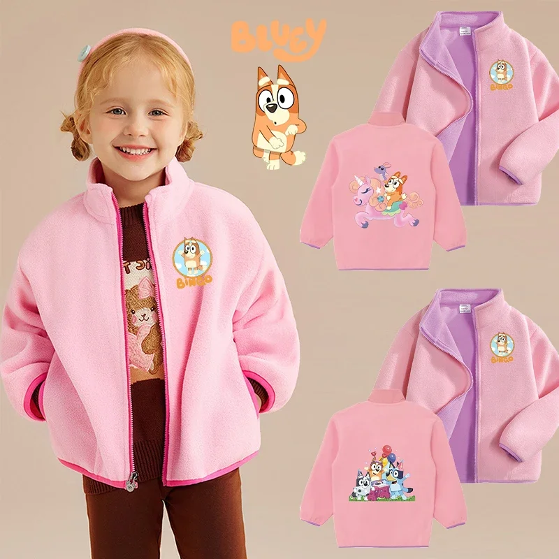 

Bluey Baby Girl Pink Hoodie Sweatshirt Chilli Bingo Long Sleeve Fleece Two-sided Zipper Tops Clothing Autumn Winter Warm Clothes