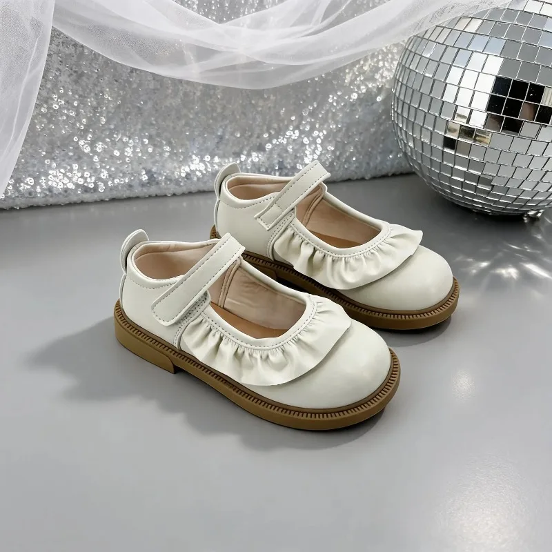 Little Girls Mary Jane Shoes Ruffle Trim Non-slip Beige Pink Children Leather Shoes Wedding Party Kids Princess Dress Flat Shoes
