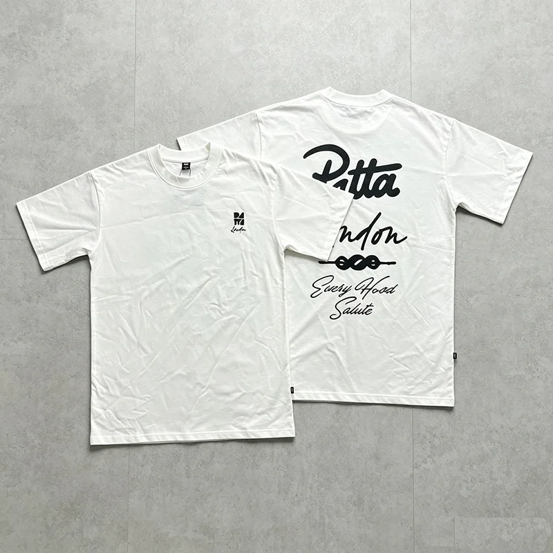 PATTA Men's and Women's T-shirt Handwritten Font Front and Rear Printed Round Neck Loose Cotton Short Sleeve Top