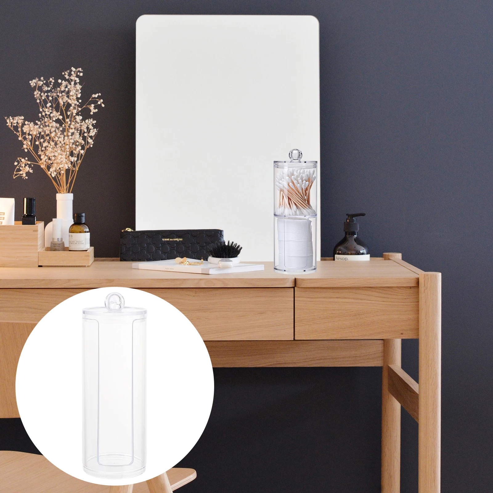 صندوق تخزين ربطات الشعر، منظم شفاف للمكياج، وسادات قطنية حديثة وبسيطة