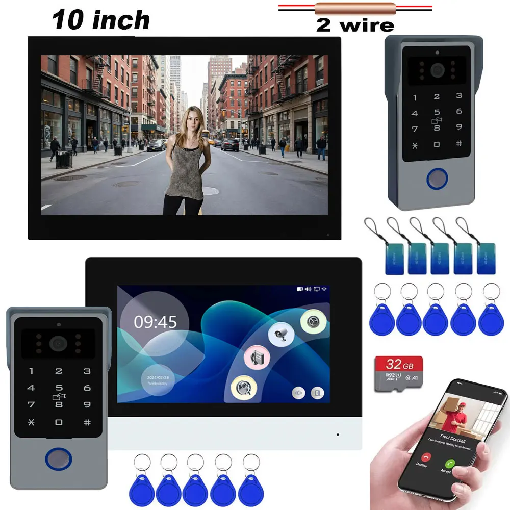 2-Wires Tuya Wifi Smart Home Video Door Phone Video intercom 1080P 7 / 10inch Touch Monitor Doorbell Door Camera Security System
