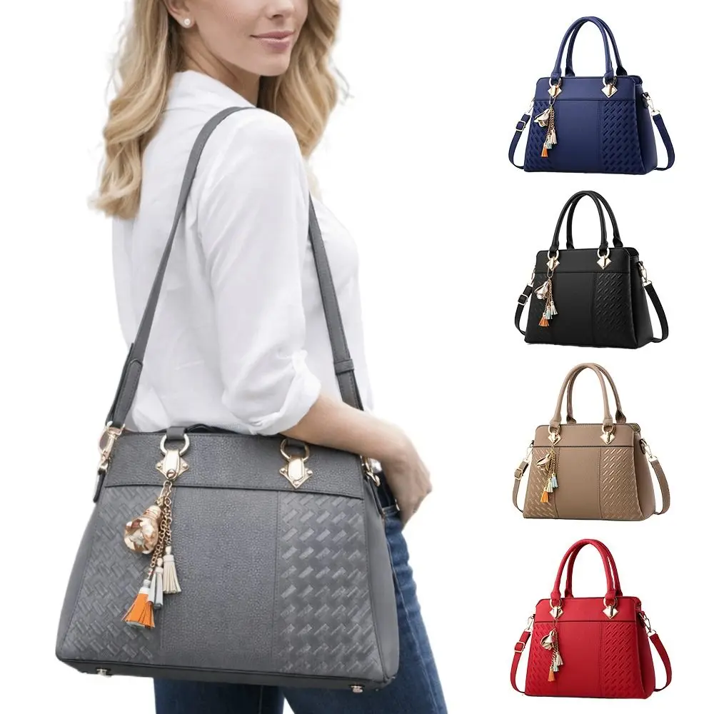 

Simple PU Leather Shoulder Bags with Pendant Large Capacity Ladies Handbags Solid Color Embossed Crossbody Bag
