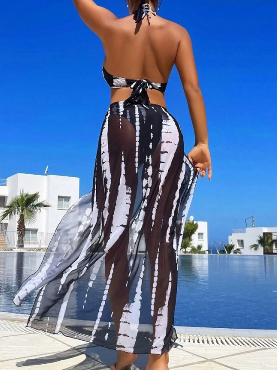 3-teiliger Neckholder-Ring-Link-Bikini 2025 für Damen, Ausschnitt, seitliches Cover-Up-Kleid, Badeanzug, sexy Bademode, weibliches Baden, Schwimmen, Badeanzug