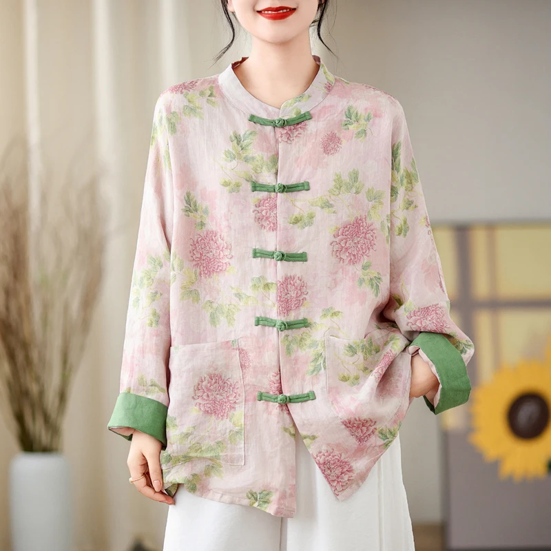 

Шикарный винтажный принт Long Sve irt Jaet, тонкий солнцезащитный топ большого размера, женский антивозрастной цветной повседневный топ на пуговицах