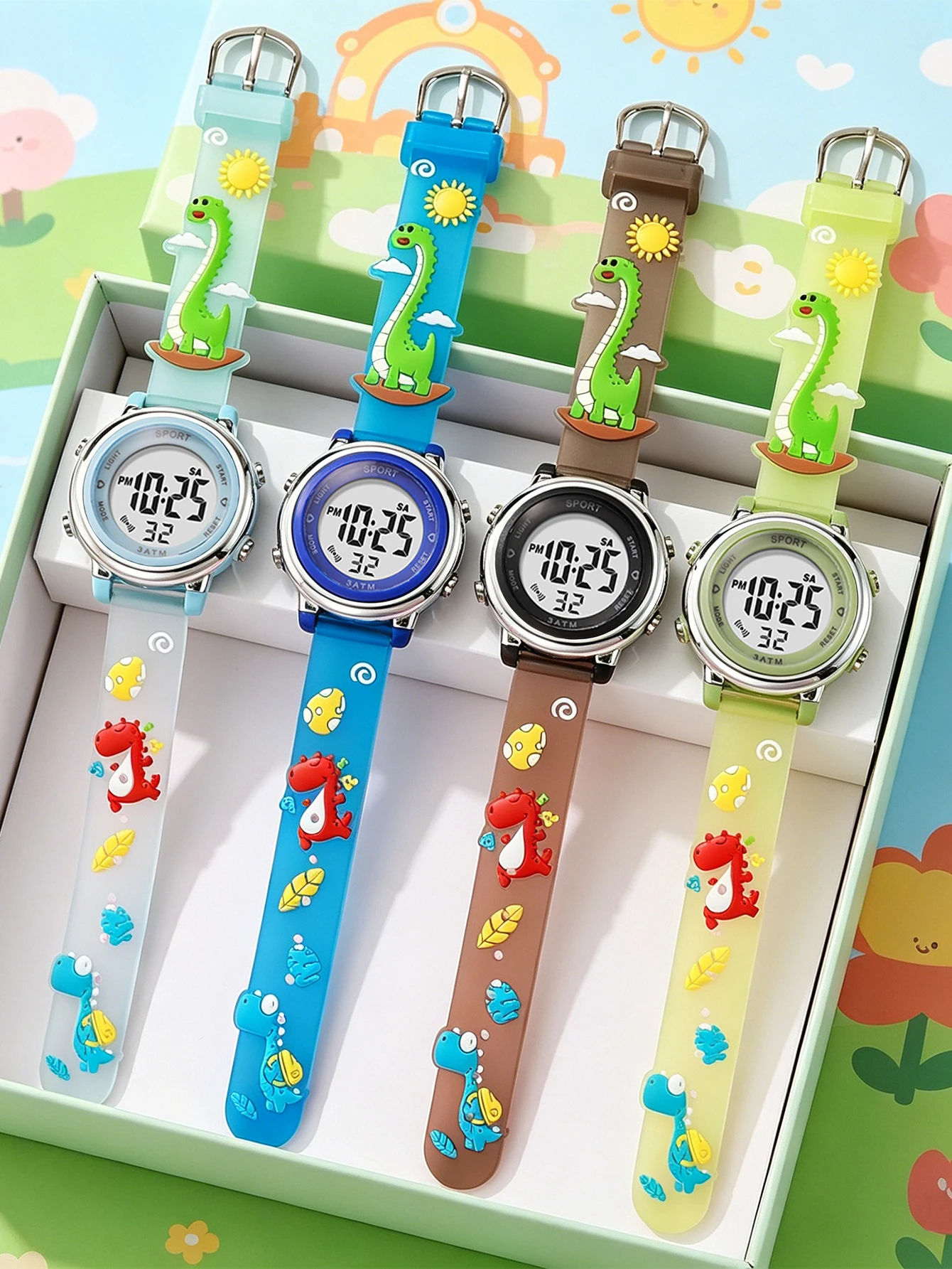 

4Pcs/Set Transparent 3D Dinosaur Kids Digital Watch Cartoon LED Sports Watch Waterproof 3ATM Silicone Strap Wristwatch for Boys
