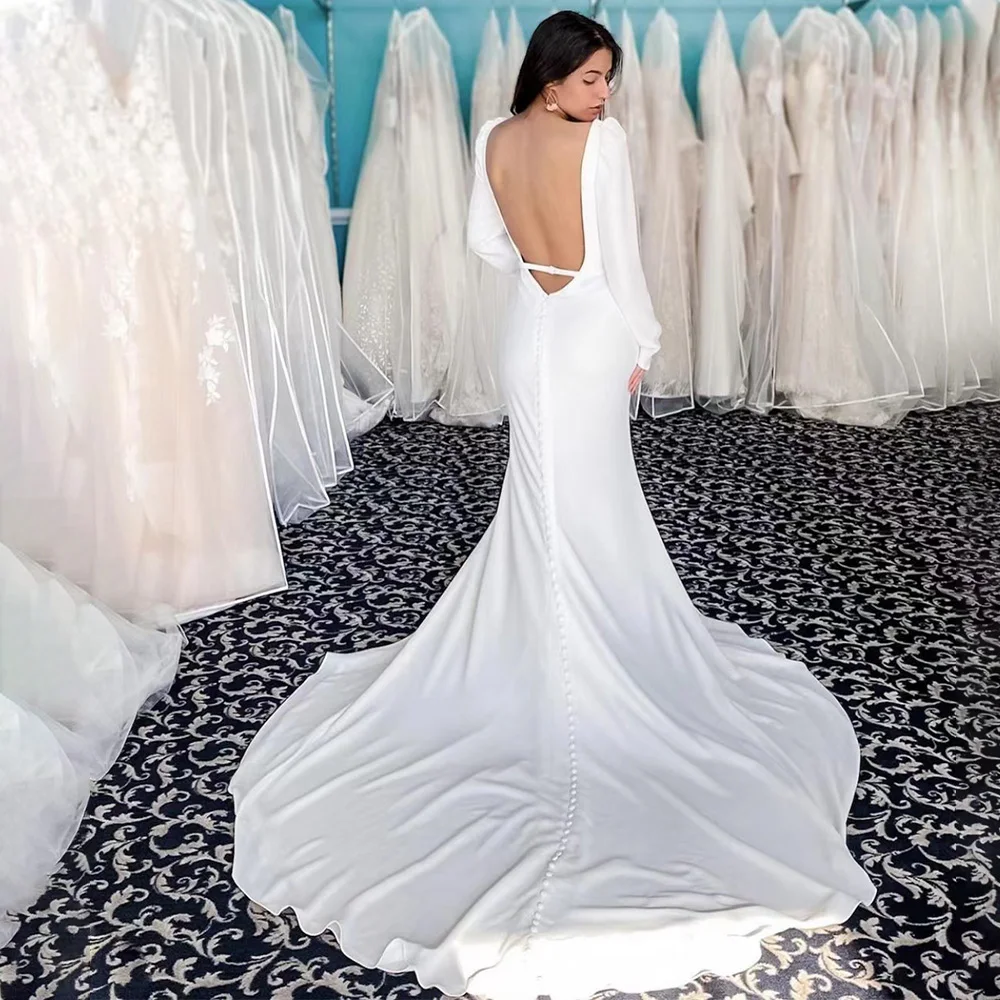 Eenvoudige Sexy Mermaid Wedding Dress Vierkante Kraag Lange Mouw Satijnen Bruidsjurken Slit Ruglooze Vestidos De Novia Robe De Mariee