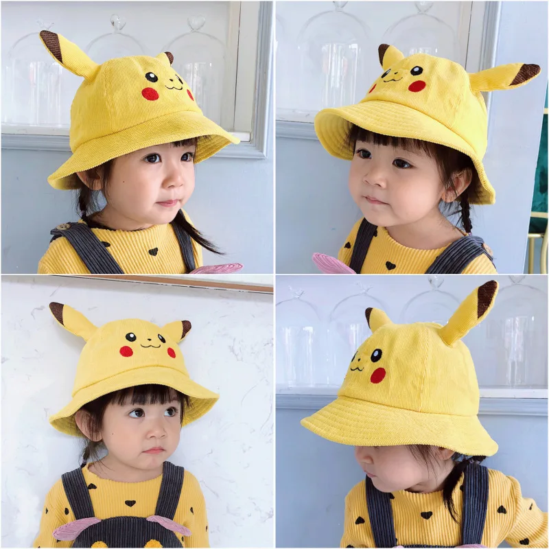 Anime Pikachu Bucket Hat Sun Hat with Ear Cute Cartoon Wide Brim Fisherman Beach Outdoor Baseball Hat Cap for Adult Kids Child