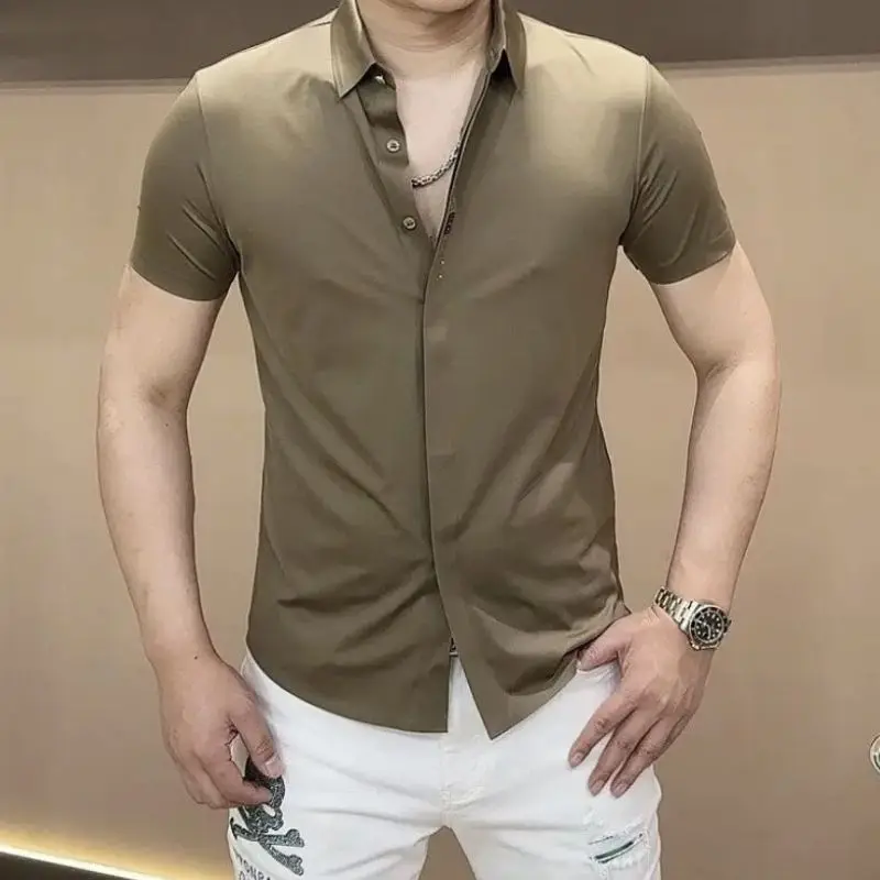 

2026Summer Fashion Handsome Trendy Men's Polo Collar Personalized Buckle Simple and Versatile Solid Color Short Sleeved Shirt