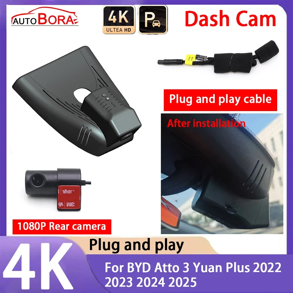 

AutoBora 4K 2160P Car Camera Plug and Play UHD Dash Cam Night Vision for BYD Atto 3 Yuan Plus 2022 2023 2024 2025