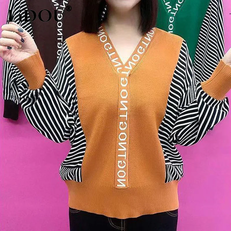 

Autumn Winter Oversized Striped Spliced V-neck Sweaters Ladies Loose Casual All-match Jumpers Women Batwing Sleeve Pullover Tops