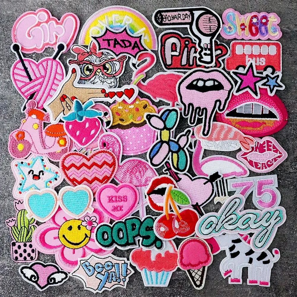 Pink Flamingo Cake Girl Iron on Patches Appliques for Clothing Embroidery Cloth Stickers Sewing Handmade Decoration Repair Patch