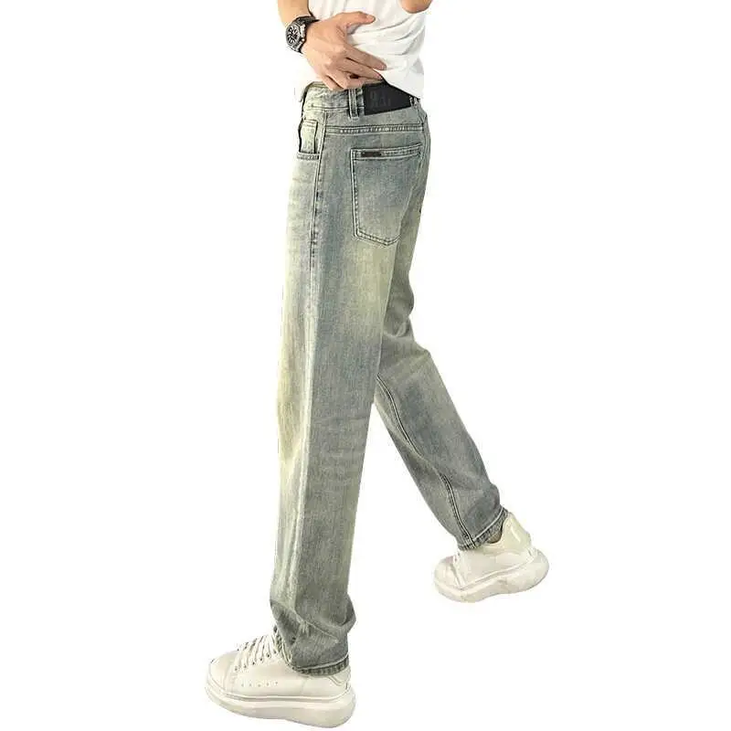 2024 Summer Men's Washed Jeans Blue Trendy Men's Long Pants Slightly Wide Mid-waist Elastic Straight Casual Pants Low Rise Jeans