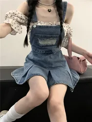 Women's Blue Denim Strap Short Dress Summer New High Waisted Design College Style Sweet Spicy Girl Sling Mini Dresses