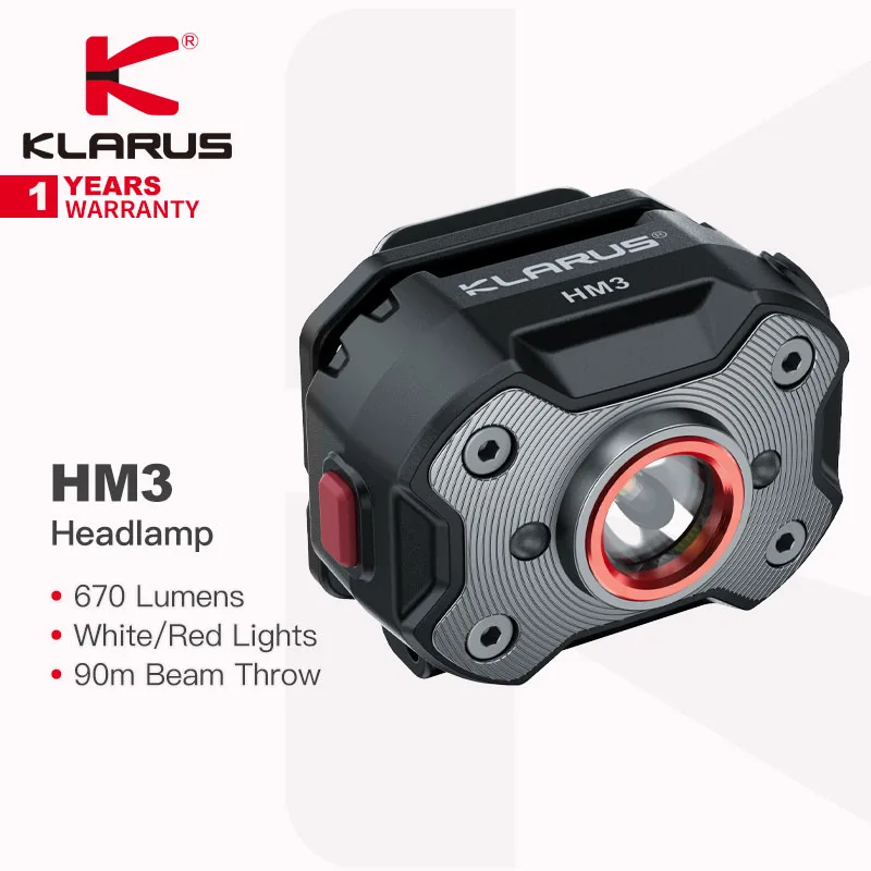 Klarus-Farol multifuncional super leve, 670 lumens, luz branca, luz de sinal vermelha, USB recarregável, Camping, HM3