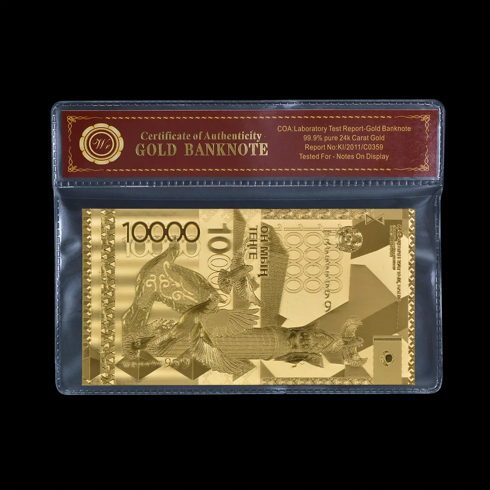 Gold Plated Kazakhstan 10000 Tenge with Frame Commemorative Banknote Challenge Banknotes Souvenir Business Gift for Collection