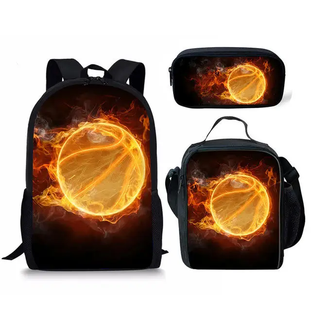 Conjunto de mochila escolar con estampado de fuego de baloncesto para niños, niñas, adolescentes, bolsa de libros para estudiantes, bolsa de almuerzo, bolsa de lápices, 3 piezas