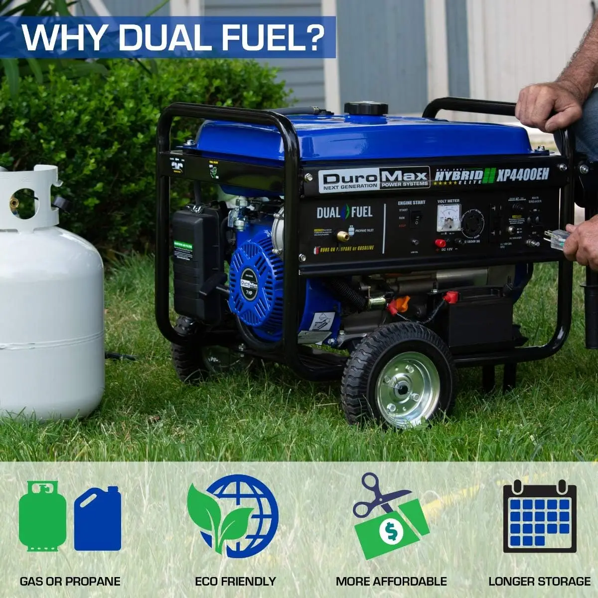 DuroMax XP4400EH Dual Fuel Portable Generator-4400 Watt Gas or Propane Powered Electric Start-Camping & RV Ready, 50 State