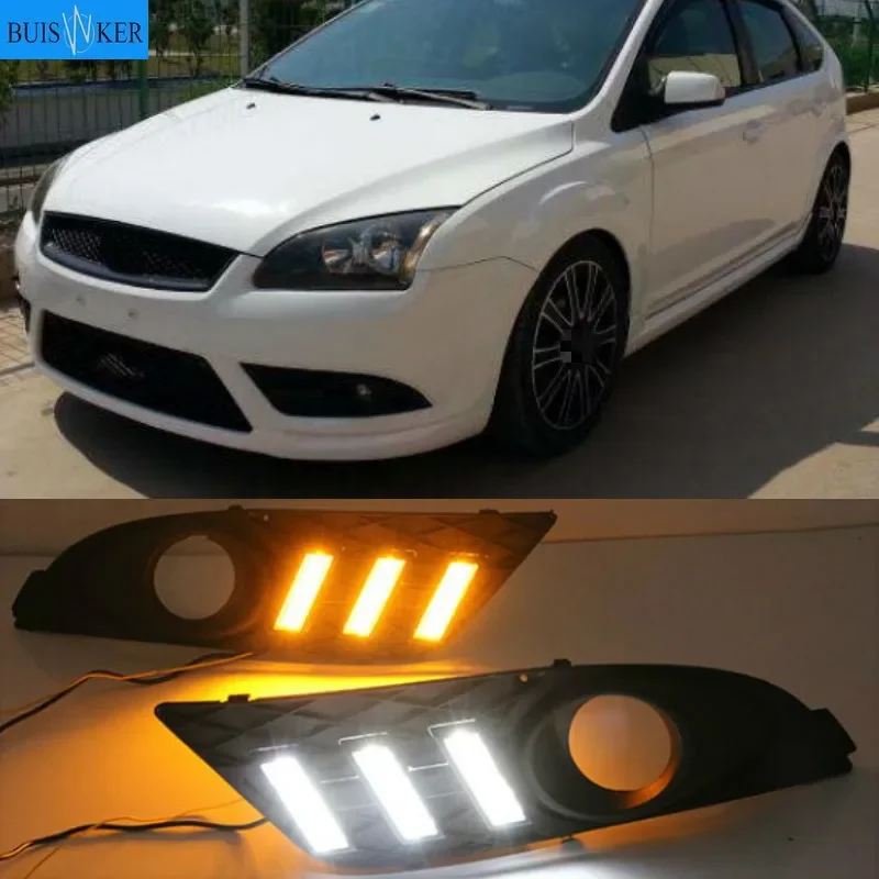 

1 пара DRL для Ford Focus 2007 седан дневные ходовые огни светодиодные противотуманные фары крышка дневного света с желтым указателем поворота