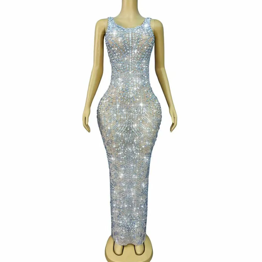 Sexy piscando prata strass sem mangas cultivo maxi vestido feminino noite casamento vestidos elegantes festa tapete vermelho wear