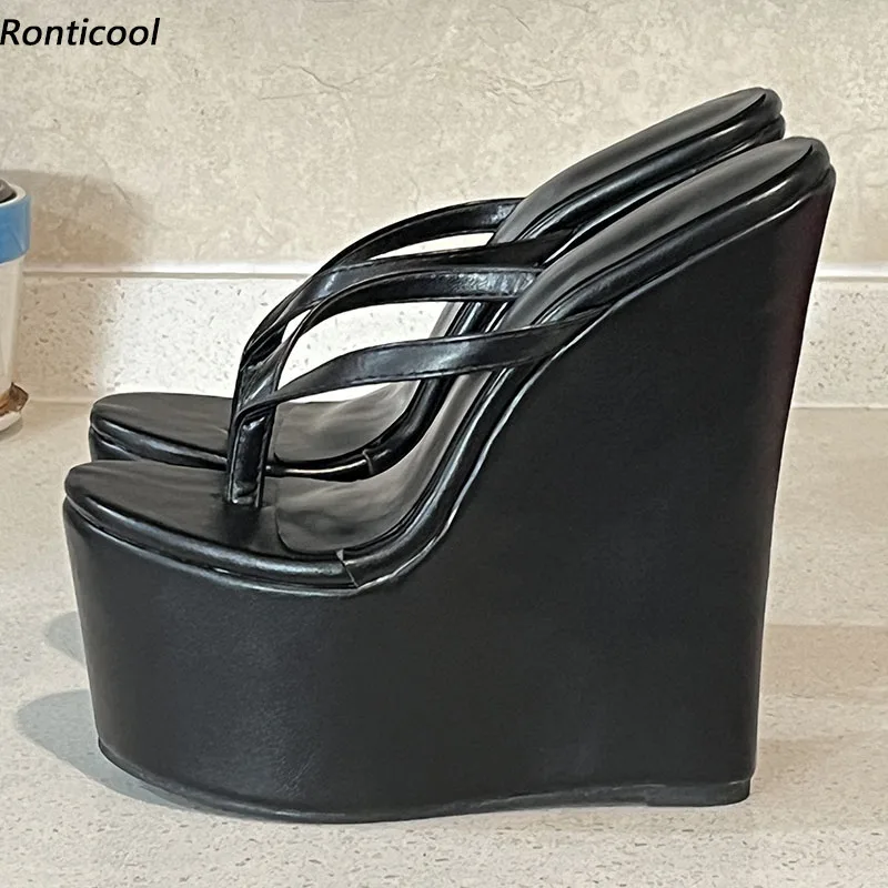 

Ronticool/женские летние сабо ручной работы, сандалии на танкетке, высоком каблуке с круглым носком, черные туфли для косплея, женские размеры США, большие размеры 4-15