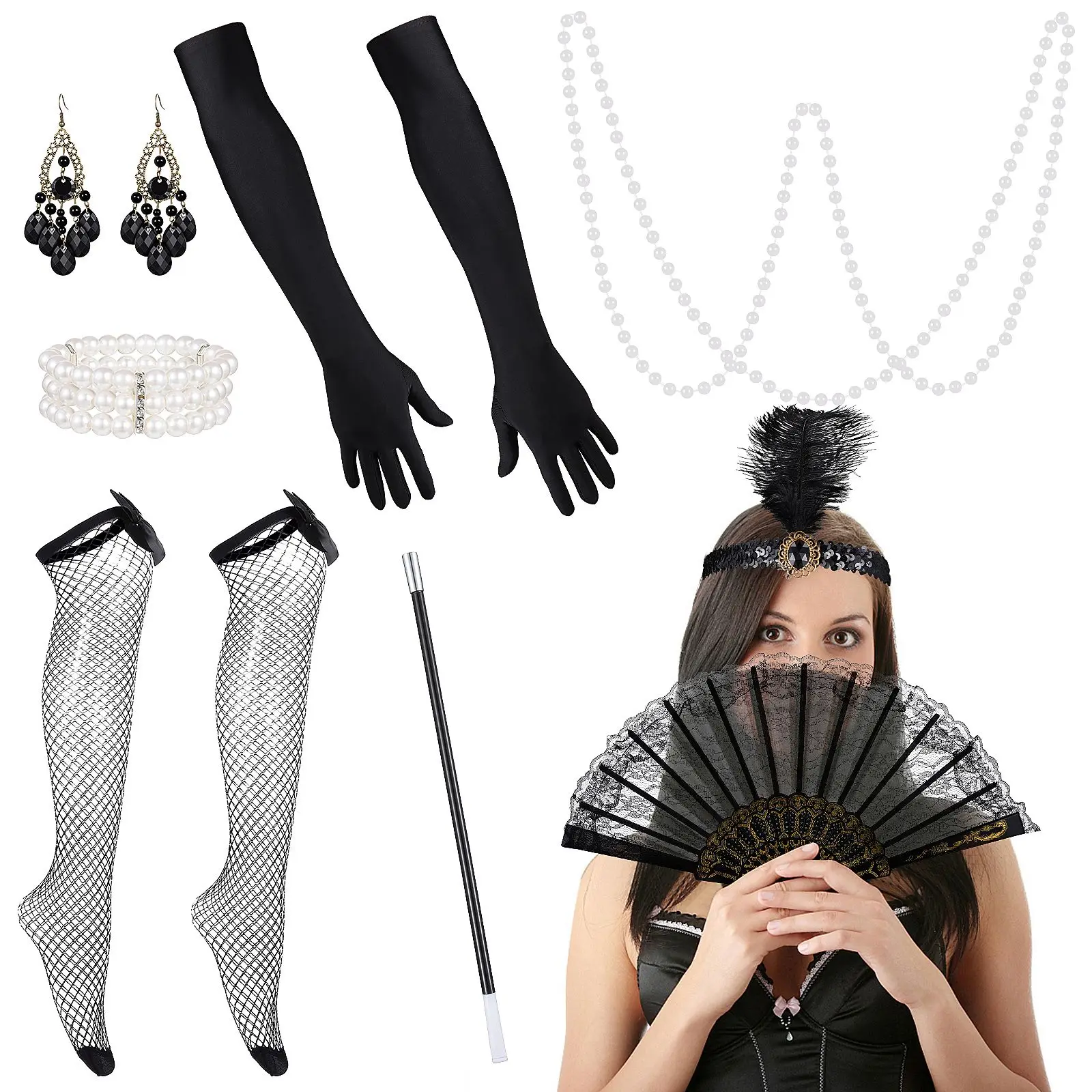 

1920s Accessories Women Dangle Earrings Long Gloves Silk Stockings Vintage Headpiece Pearl Bracelet Lace Fan