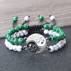 2Pcs/Set Dragon TaiChi YinYang Spacer Couple Bracelet 6mm Malachite Black Wristband Bangles Jewelry Gift for Friend Pulsera