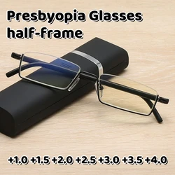 2023 New Anti Blue Light Reading Eyewear Fashion Half Frame Presbyopia Glasses for Men and Women Portable Box Eyeglasses