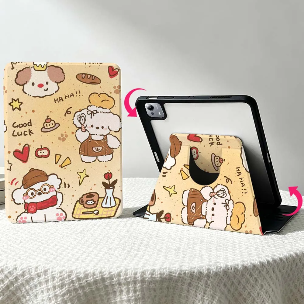 Cute White Dog Pattern Soft For Xiaomi Mi Redmi Poco Pad 8 7 7S 6 6S 5 SE Pro Ultra 360° Rotation Stylus Storage Tablet Case