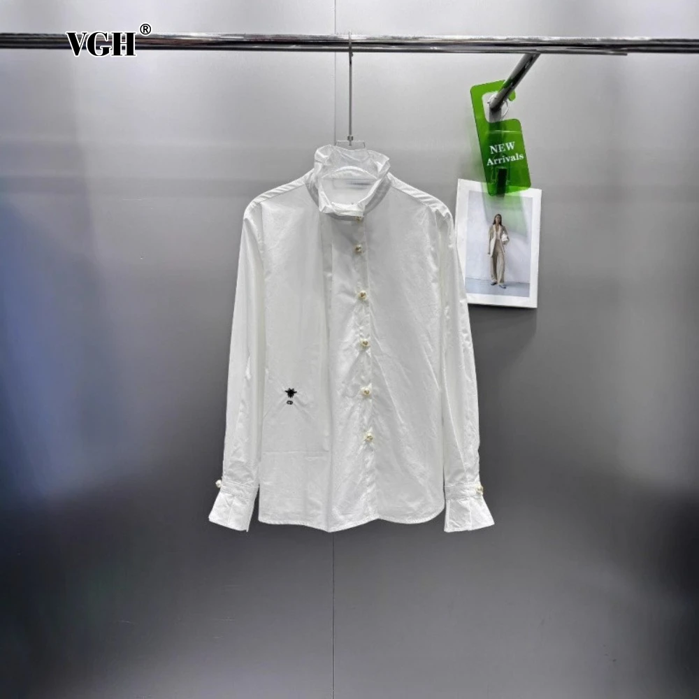 

VGH White Minimalist Chic Spliced Buttons Shirt for Women Turtleneck Long Sleeve Patchwork Ruffles Temperament Blouse Female New
