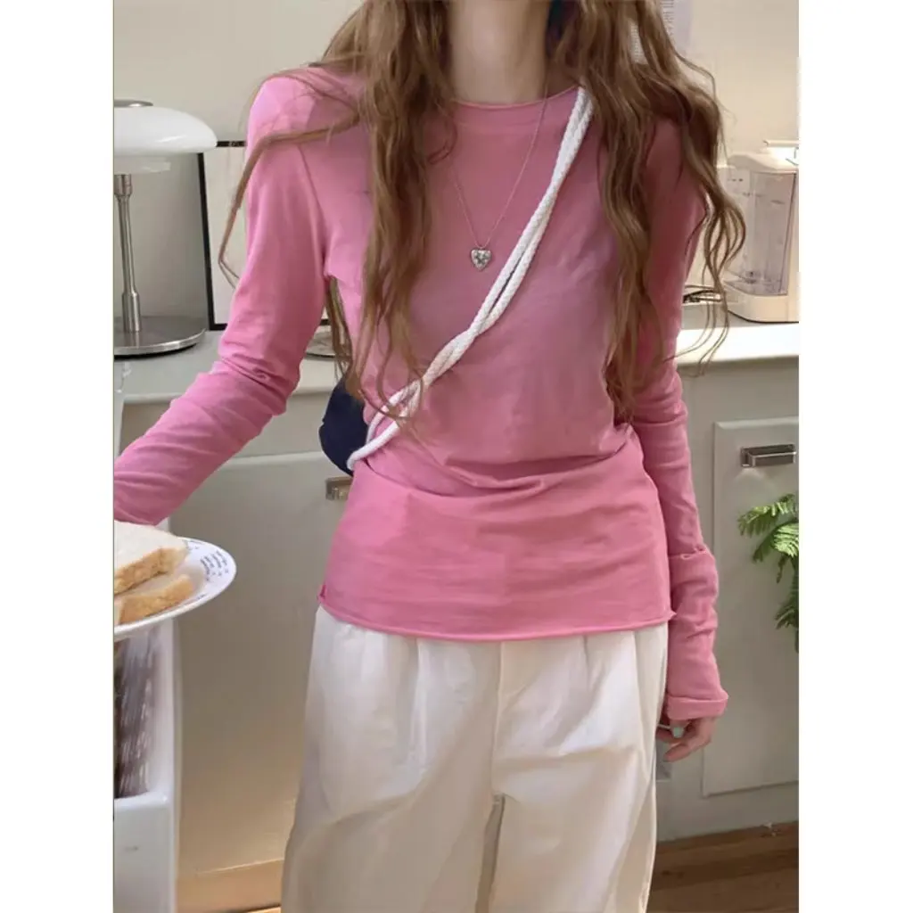 

Spring Thin Micro-Transparent Long-Sleeved Base Shirt for Women Simple Style All-Match Curled T-Shirt Inner Sunscreen Top