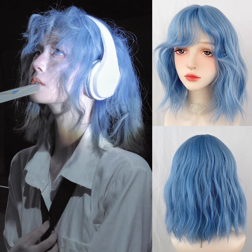 

VICWIG Synthetic Short Wavy Blue Wig with Bangs Women Lolita Cosplay fluffy Hair Heat Resistant Wig for Daily Party