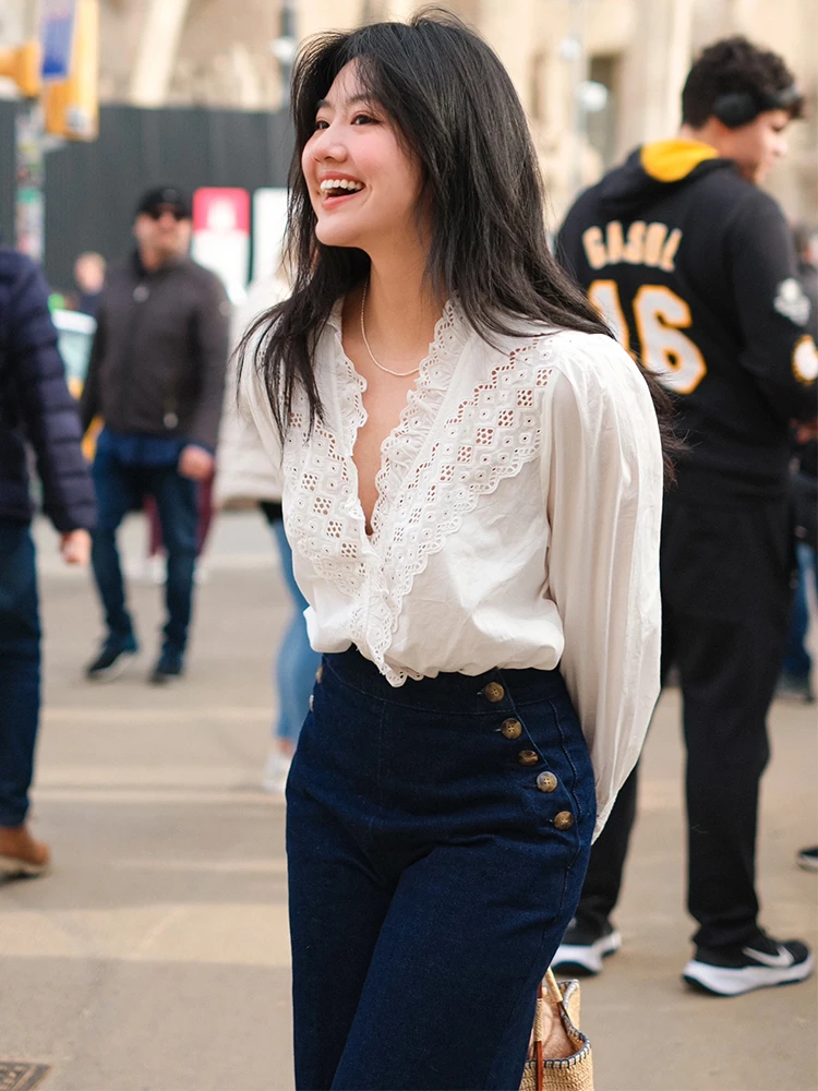 

Retro Court Sle Lace Embroidery V-ne Women's irt White Faionable Long Sve Bubble Sve Stand Collar Spring New Ar...