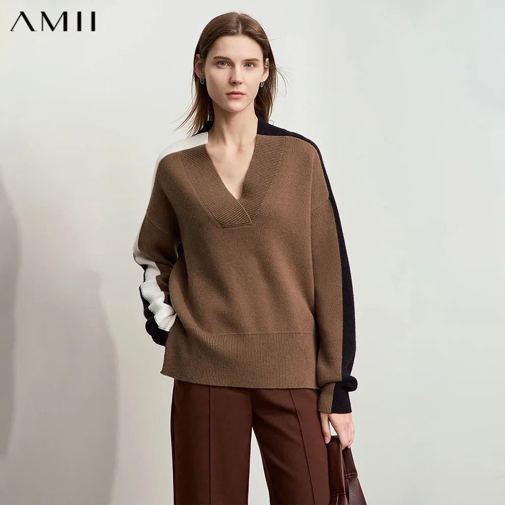 AMII Minimalist Women's Contrast Color Spliced Sweater 2026 Winter V-neck Drop Cuff Sesame Bottom Jacquard Loose Tops 12444122