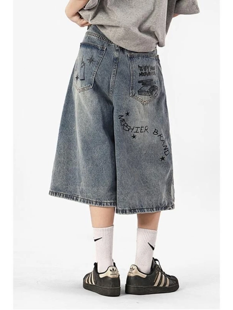 Women Y2k Style Baggy Denim Shorts Wide Leg Short Pants Fashion High Waisted Dark Wash Knee Length Loose Unisex Jeans Casual