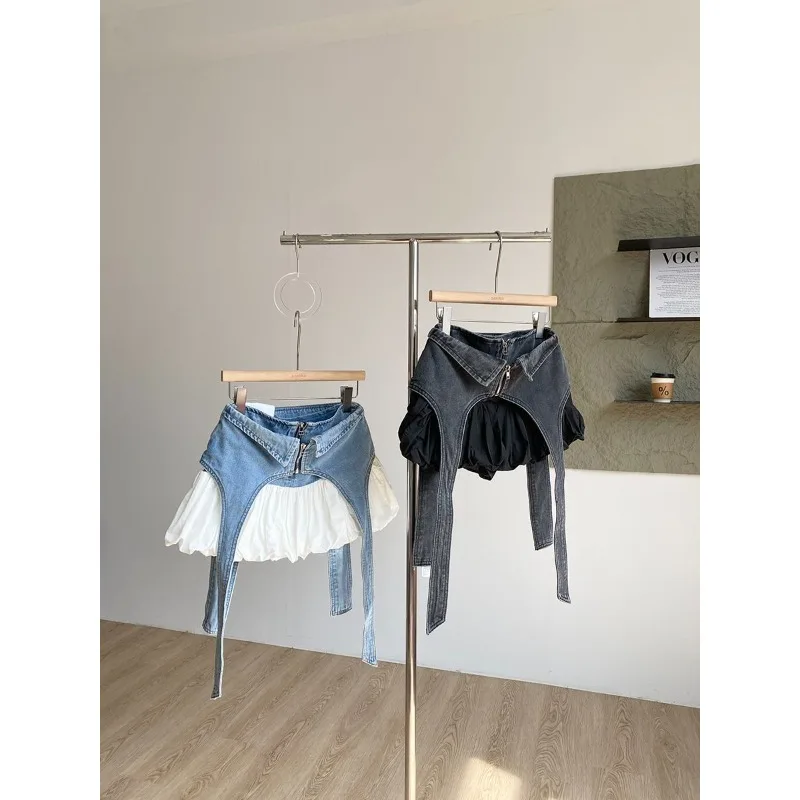 

Short Skirt Woman Summer Retro Sense of Design High-waisted Cowboy Comfortable Brief Leisure Minority Individuality Patchwork