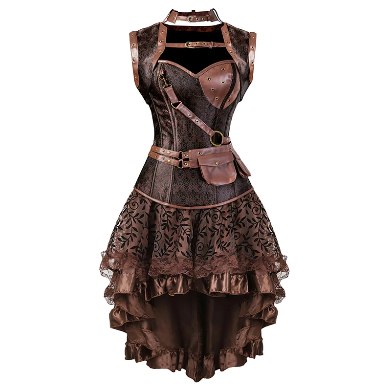 Gaun Korset Steampunk untuk Wanita Gaun Korset Kulit Faux Coklat Gaun Cosplay Ukuran Plus Kostum Bajak Laut dengan Lingerie Korset