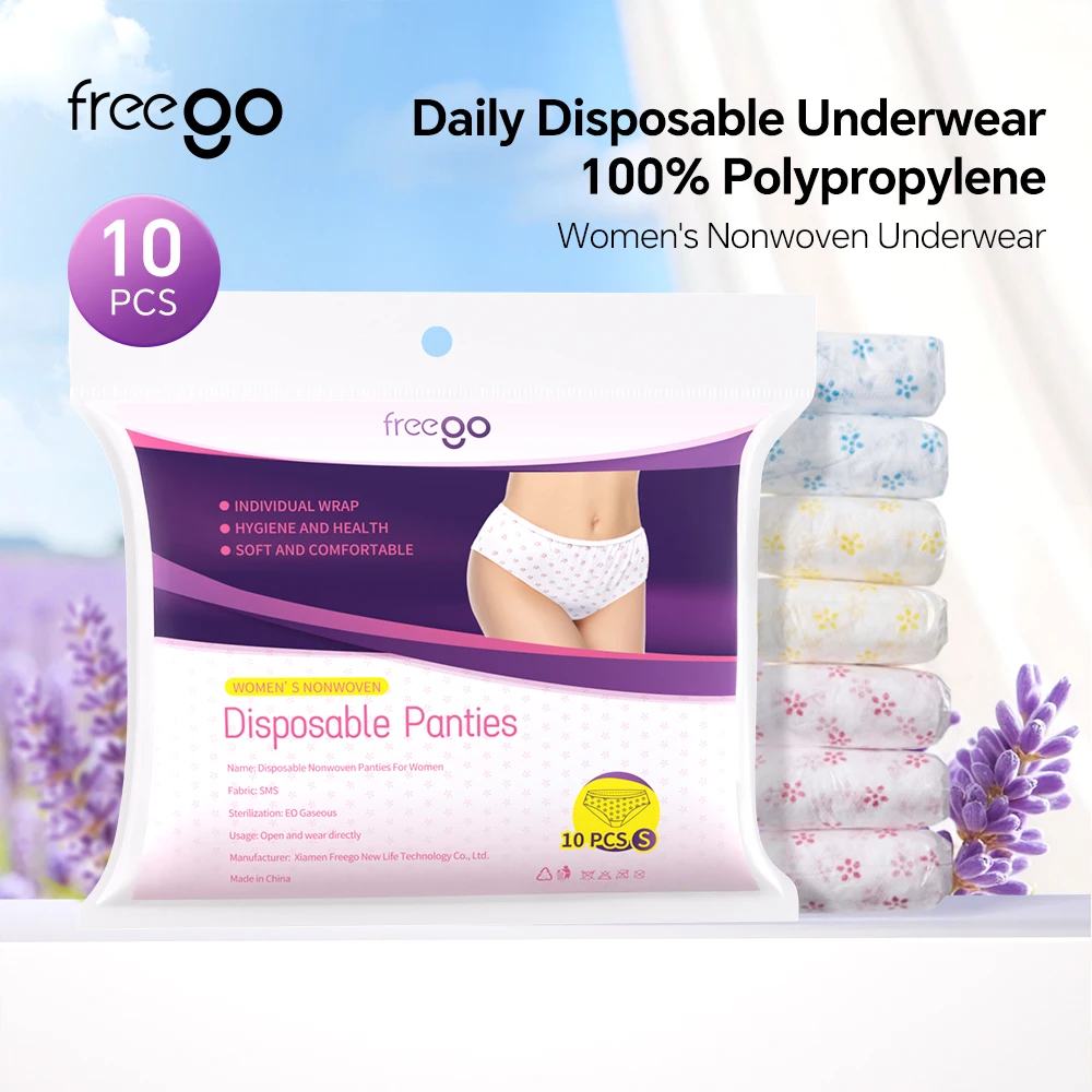 

10Pcs Freego Nonwoven Disposable Underwear Breathable Printed Wash-Free Women's Briefs Panties for Hotel Spa Hospital Travel