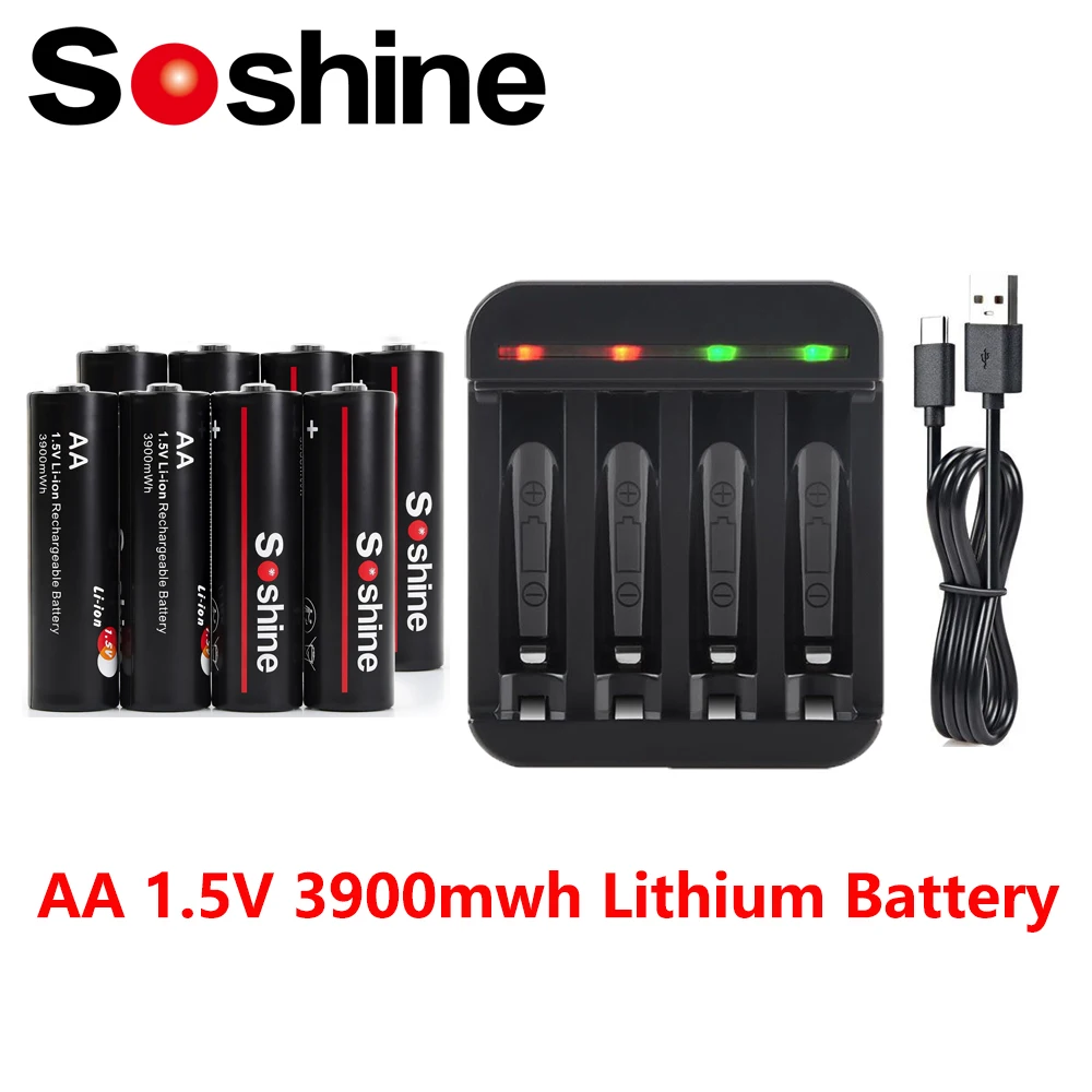 Soshine AA 1,5V Wiederaufladbare Batterie AA 3900mWh Lithium-Batterien für Uhren Rauchmelder Radio Videospiel Digitalkamera Spielzeug