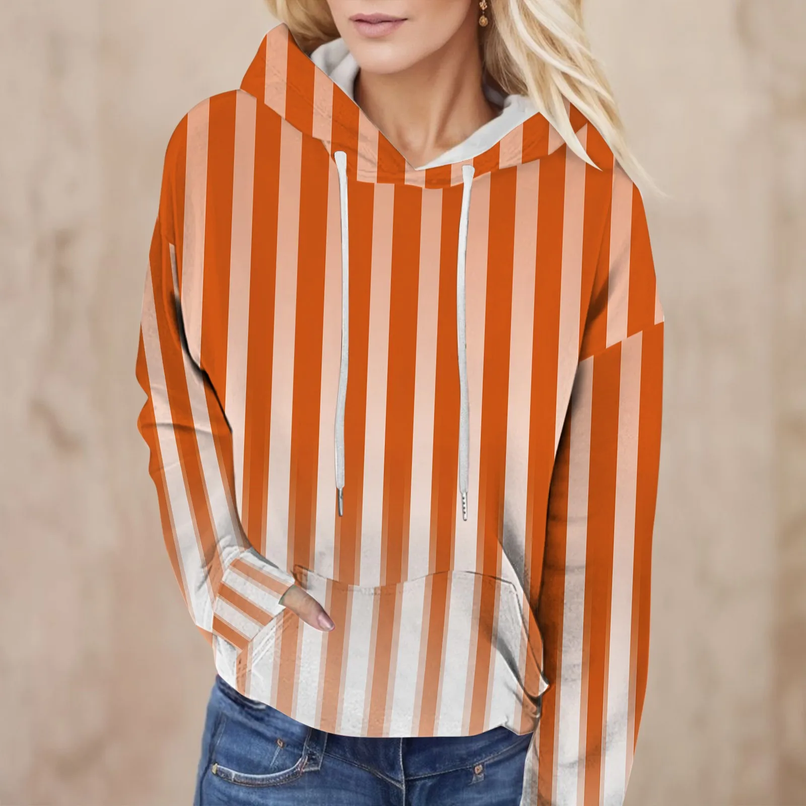 

Women's hoodies Lace Up Striped Top Printed Long Sleeved Hoodie Orange Colour With Pocket Loose Hoodie Clothe with Pocket