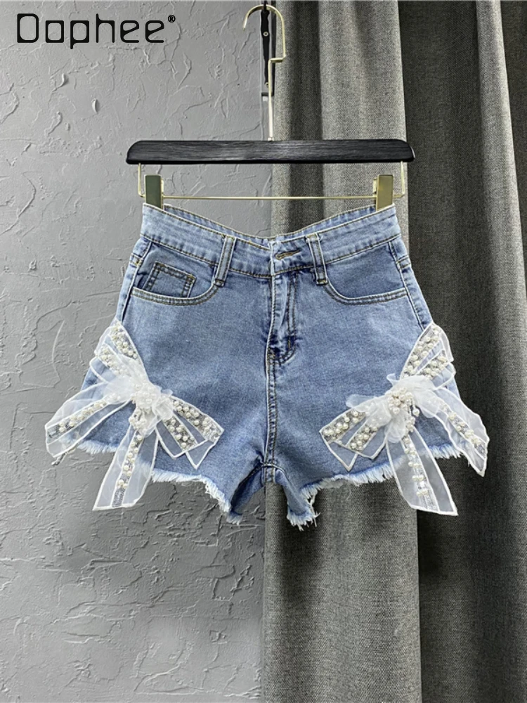 

Sweet Mesh Bowknot Pearl Denim Shorts Summer with Pockets A Line Wide Leg High Waist Tassels Hem Korean Casual Jeans Women