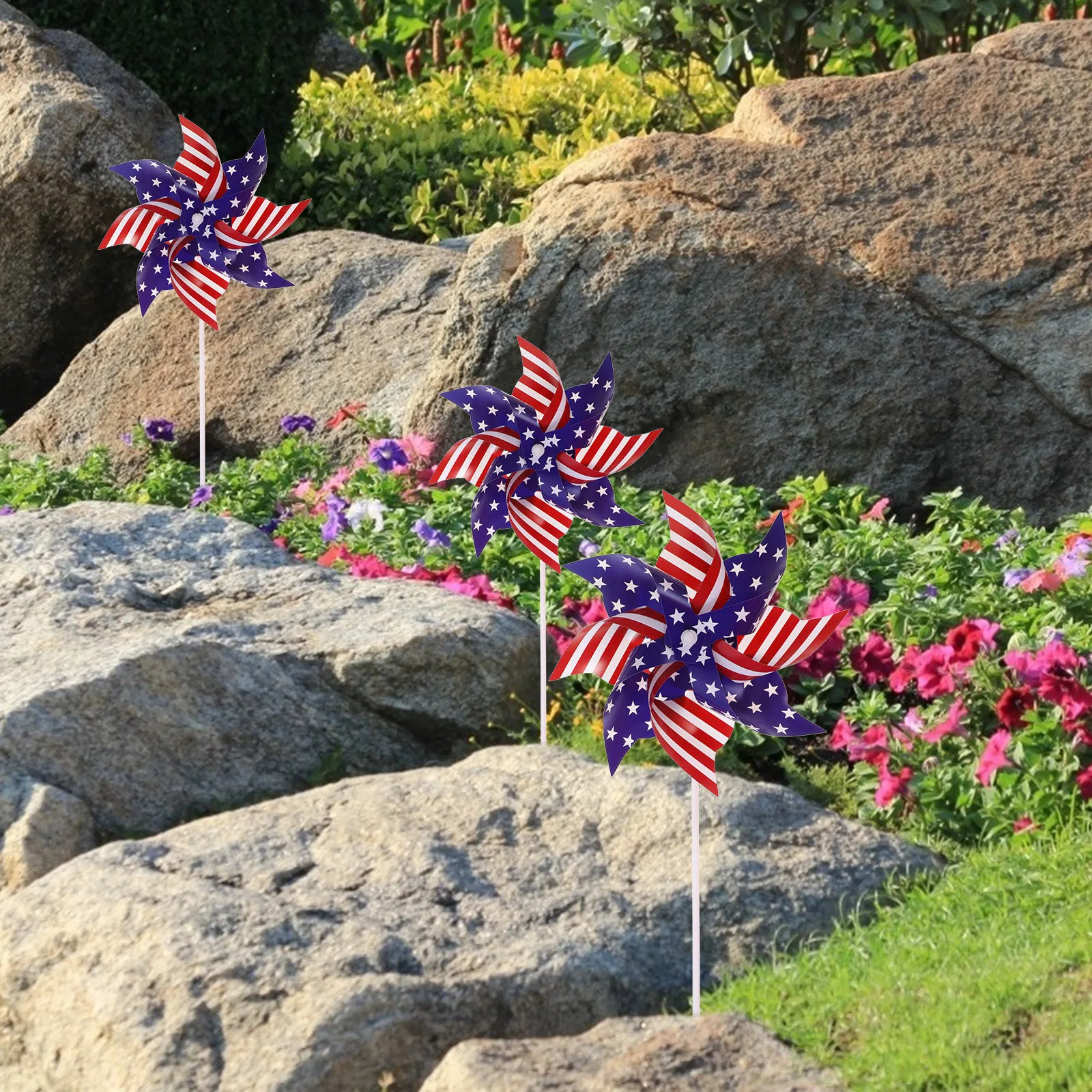 12Pcs Patriotic Wind Outdoor Garden Windmill Decor for Memorial Day Rotating Pinwheel Yard Decoration