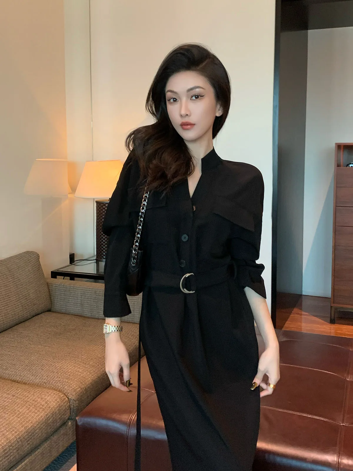 

Jijinqi Autumn Long Sve Casual Waist Cinched Dr New Bla Versatile Long Split Skirt Women's Faion Sexy H Version Dr