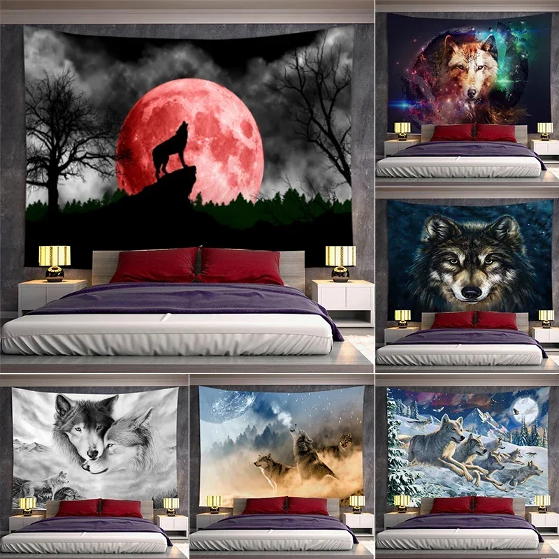 

Animal Tapestry Psychedelic Moon Wolf Wall Hanging Tropical Plant Tiger Tapestry Wall Cloth Carpet Home Bedroom Decor Aesthetic