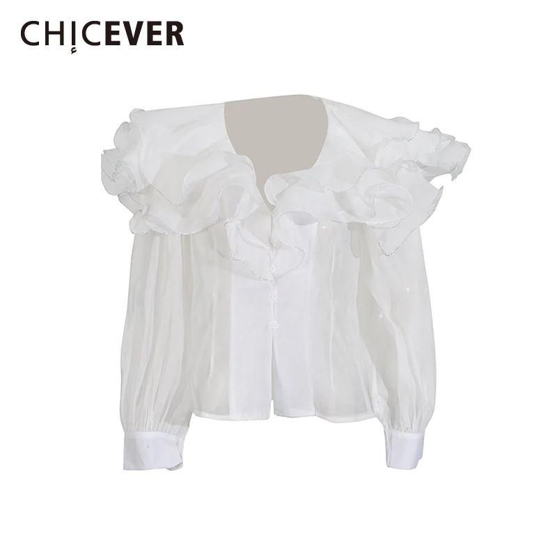 

CHICEVER Solid Patchwork Ruffles Blouse for Women V Neck Long Sleeve Temperament Spliced Button Shirts with Sequins Female New