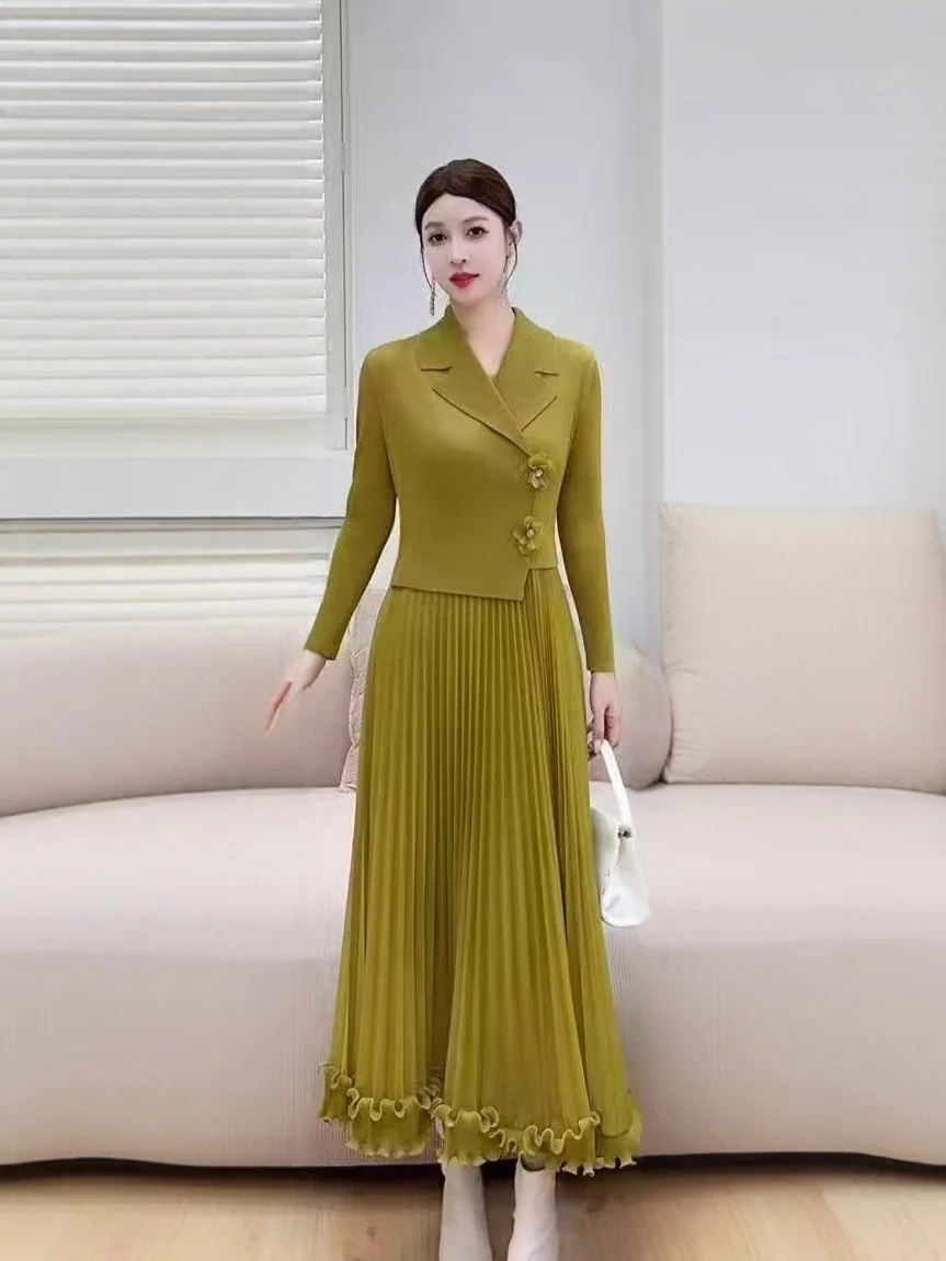 

Африканский Miyake, оптовая продажа, новое однотонное длинное платье с плотным краем, воротник, темпераментное свободное длинное платье, женская одежда