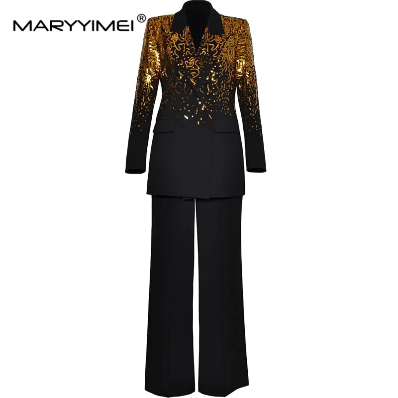 MARYYIMEI Fashion Design Women\'s Suit Polo-Neck Long Sleeved Double-breasted Sequins Tops+Straight leg pants Black 2 piece set