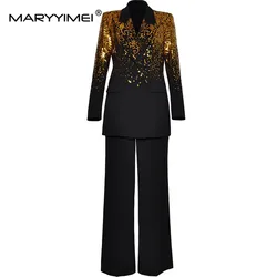 MARYYIMEI Fashion Design Women's Suit Polo-Neck Long Sleeved Double-breasted Sequins Tops+Straight leg pants Black 2 piece set